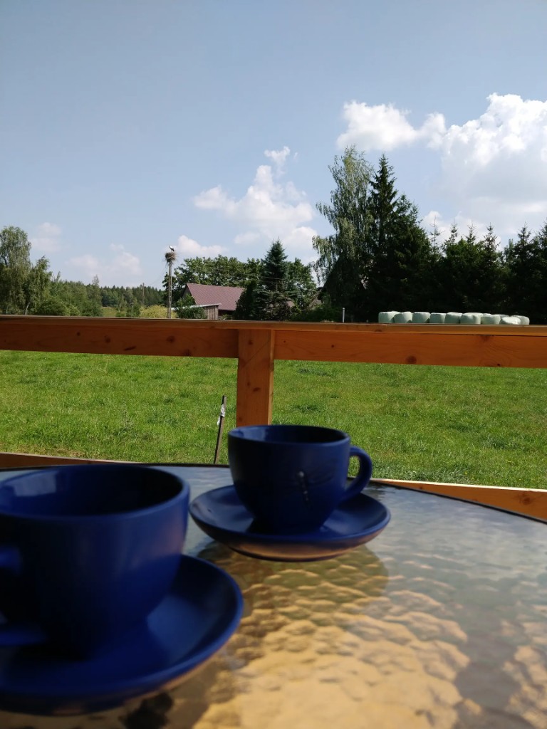 Poranna kawa na tarasie domku w Hucie 5