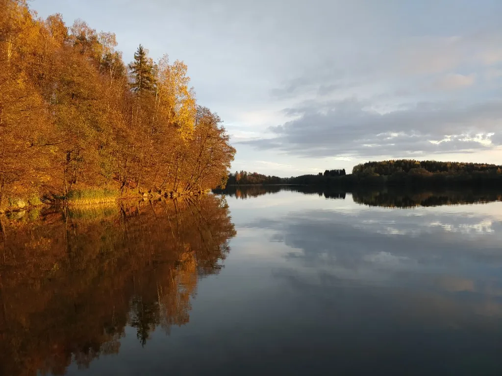 Jesień nad Rospudą Filipowską — stromy brzeg i tafla jeziora